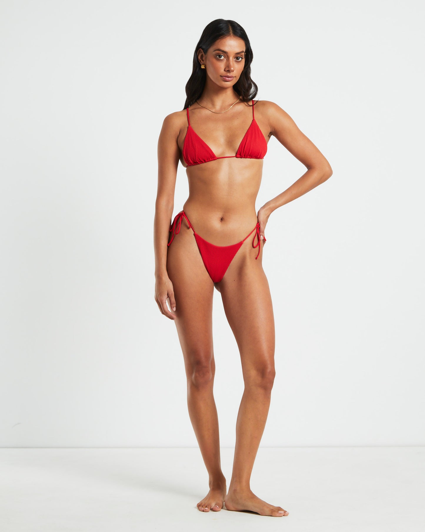 Rib Skinny Strap Triangle Bikini Top in Red