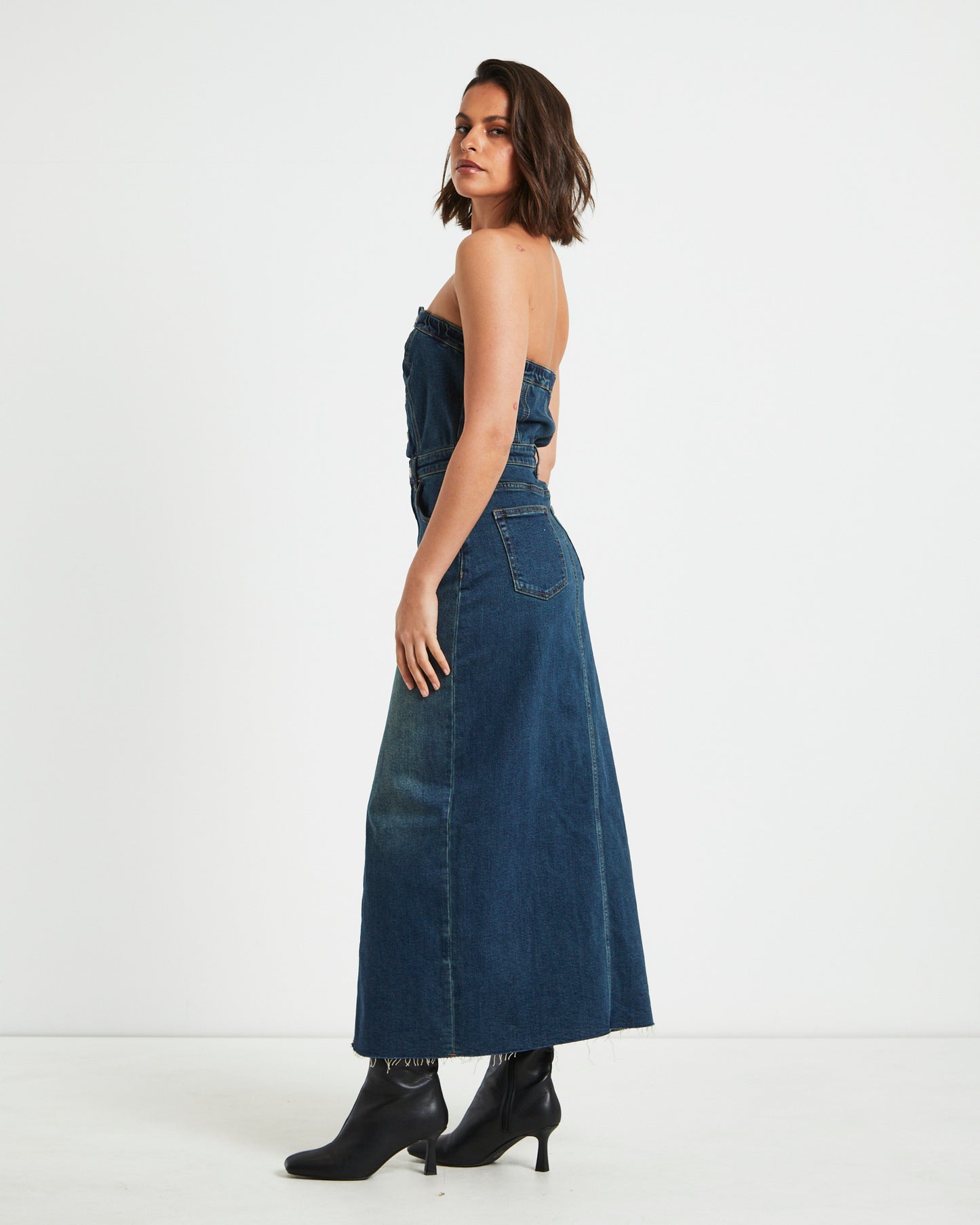 Howdy Denim Tube Midi Dress in Vintage Blue