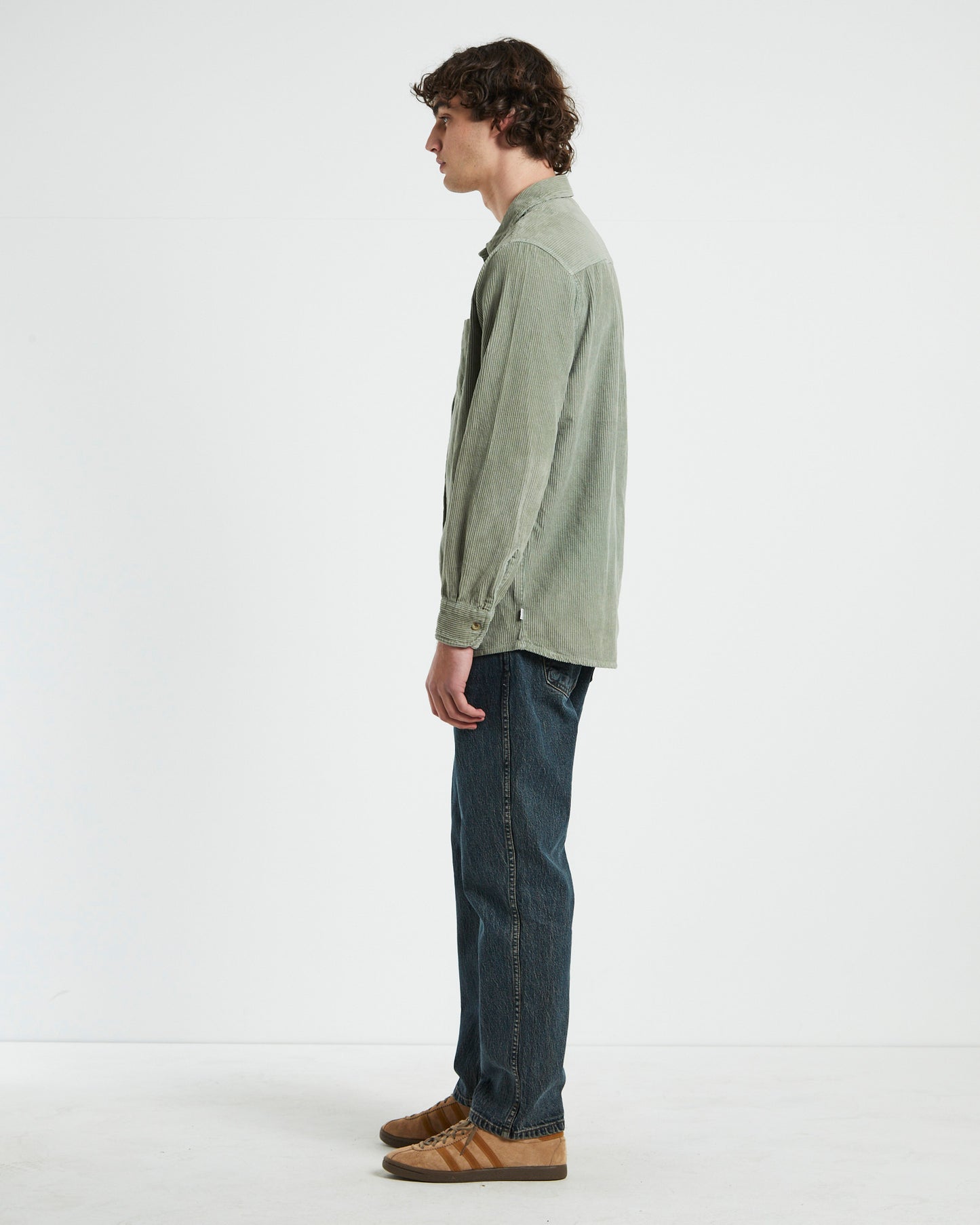Men At Work Fat Cord Long Sleeve Shirt in Moss Green