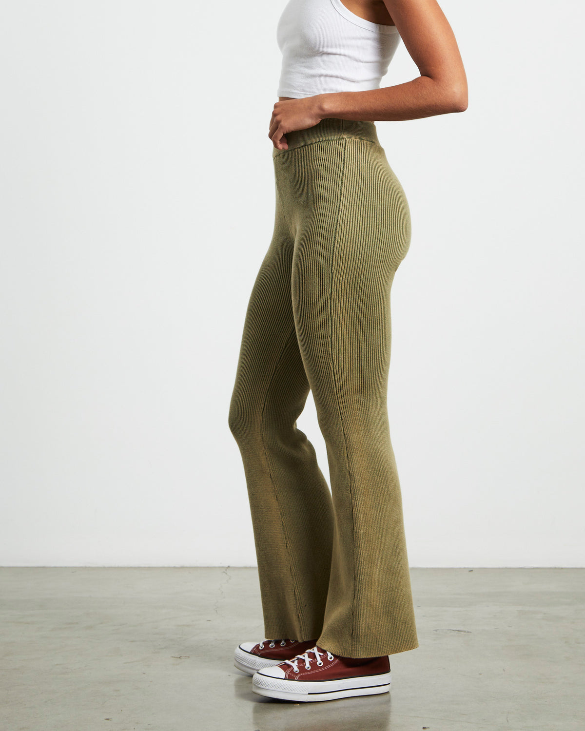 Angelique Acid Wash Rib Soft Flare Pant in Khaki KHAKI