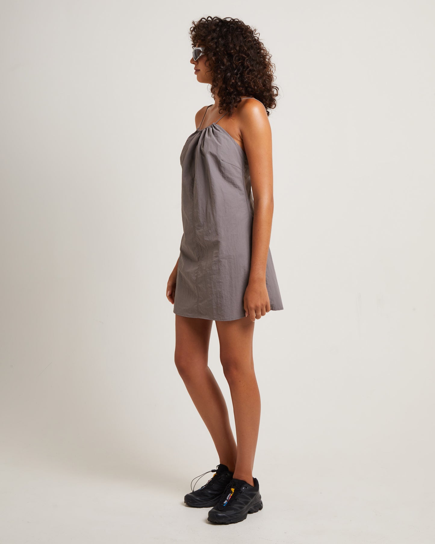 Tech Halter Neck Mini Dress in Peat