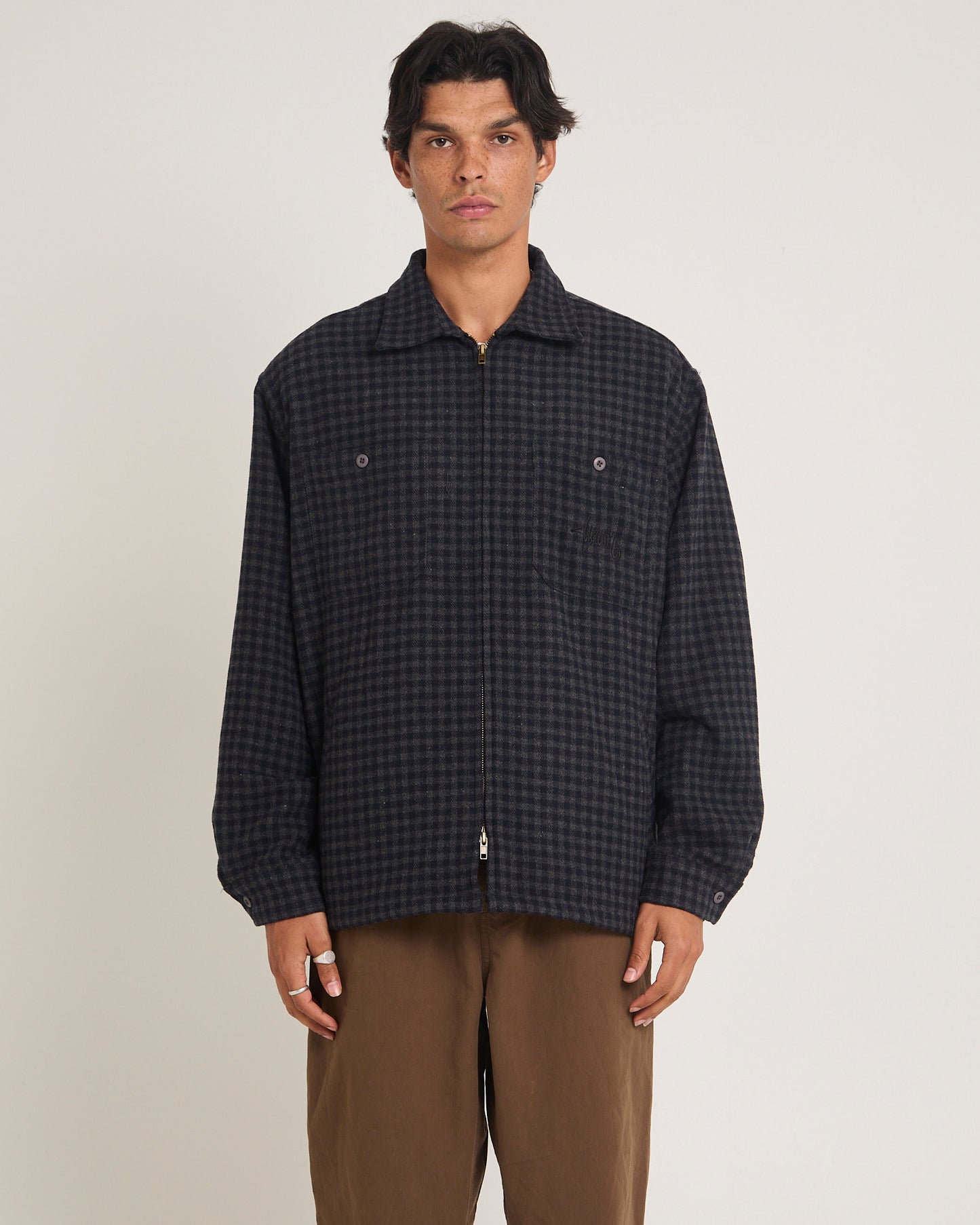 Plaid Zip Through Long Sleeve Shirt