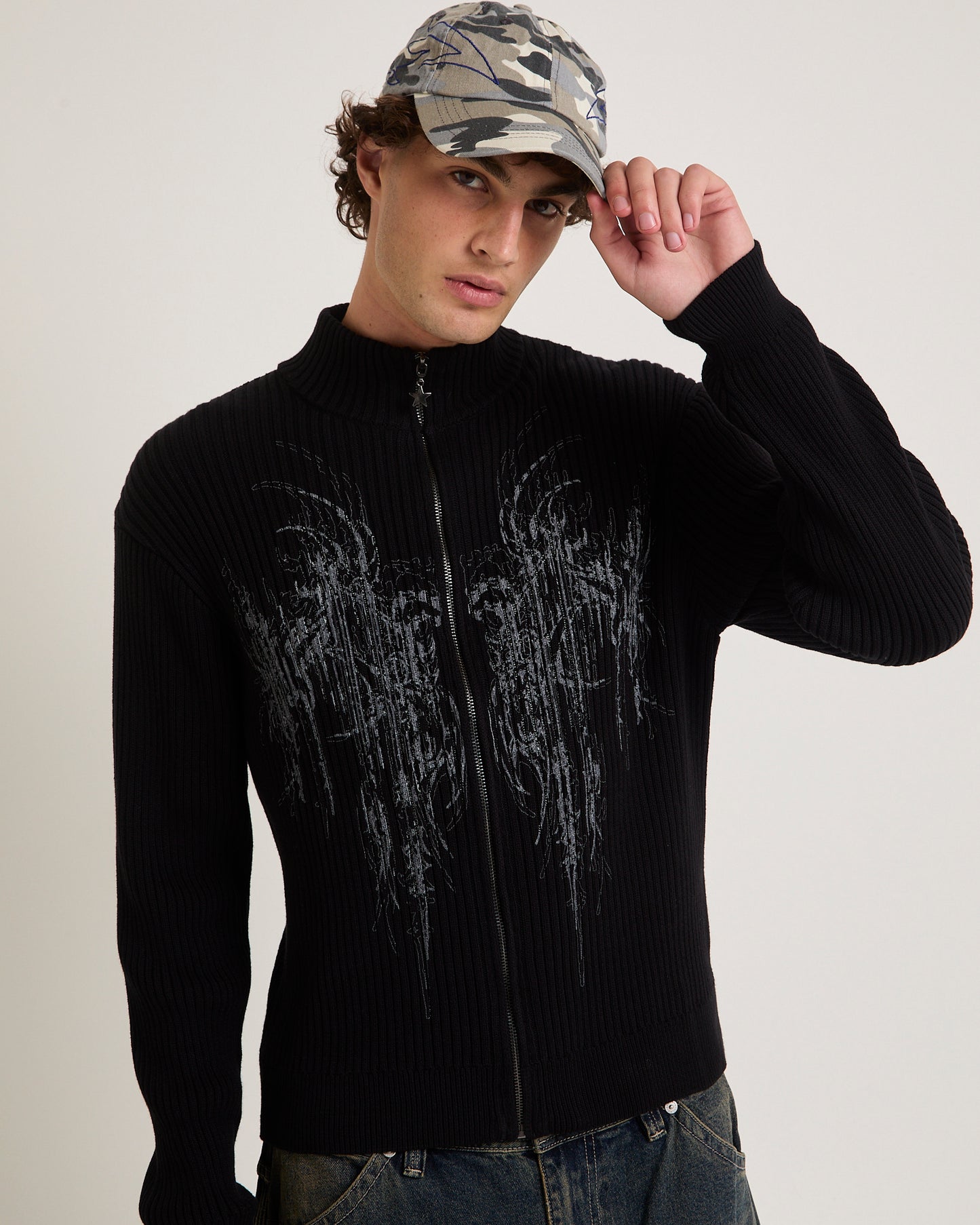 Funnel Neck Zip Through Knit Jumper