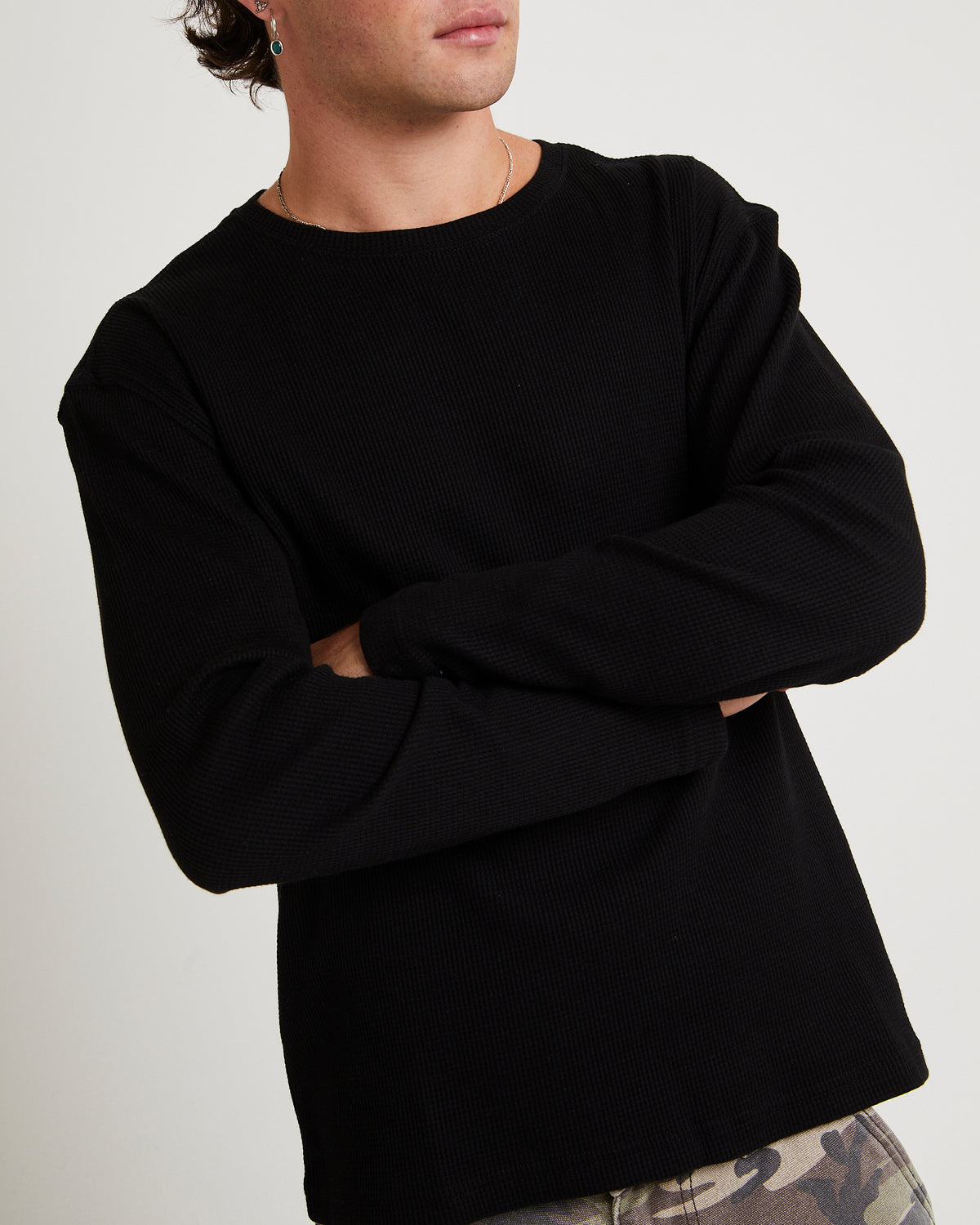 Long Sleeve Waffle Shirt BLACK