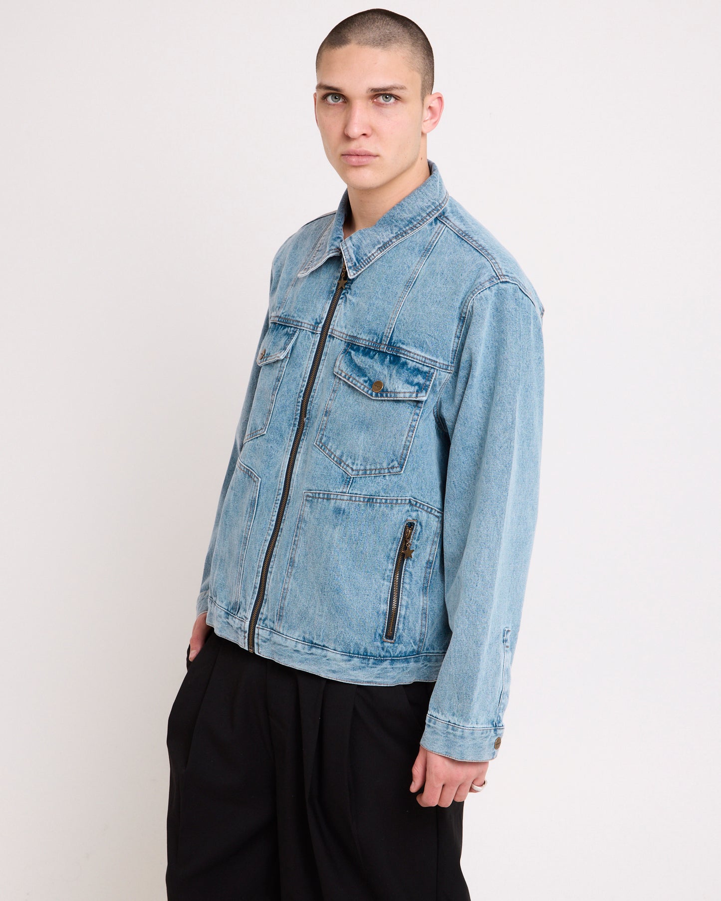Halls Cropped Harrington Denim Jacket