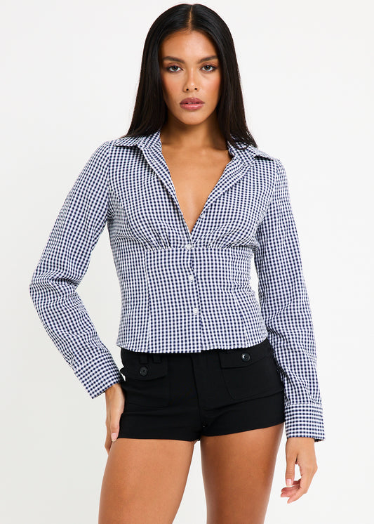 Isha Check Button Down Long Sleeve  Shirt NAVY CHECK