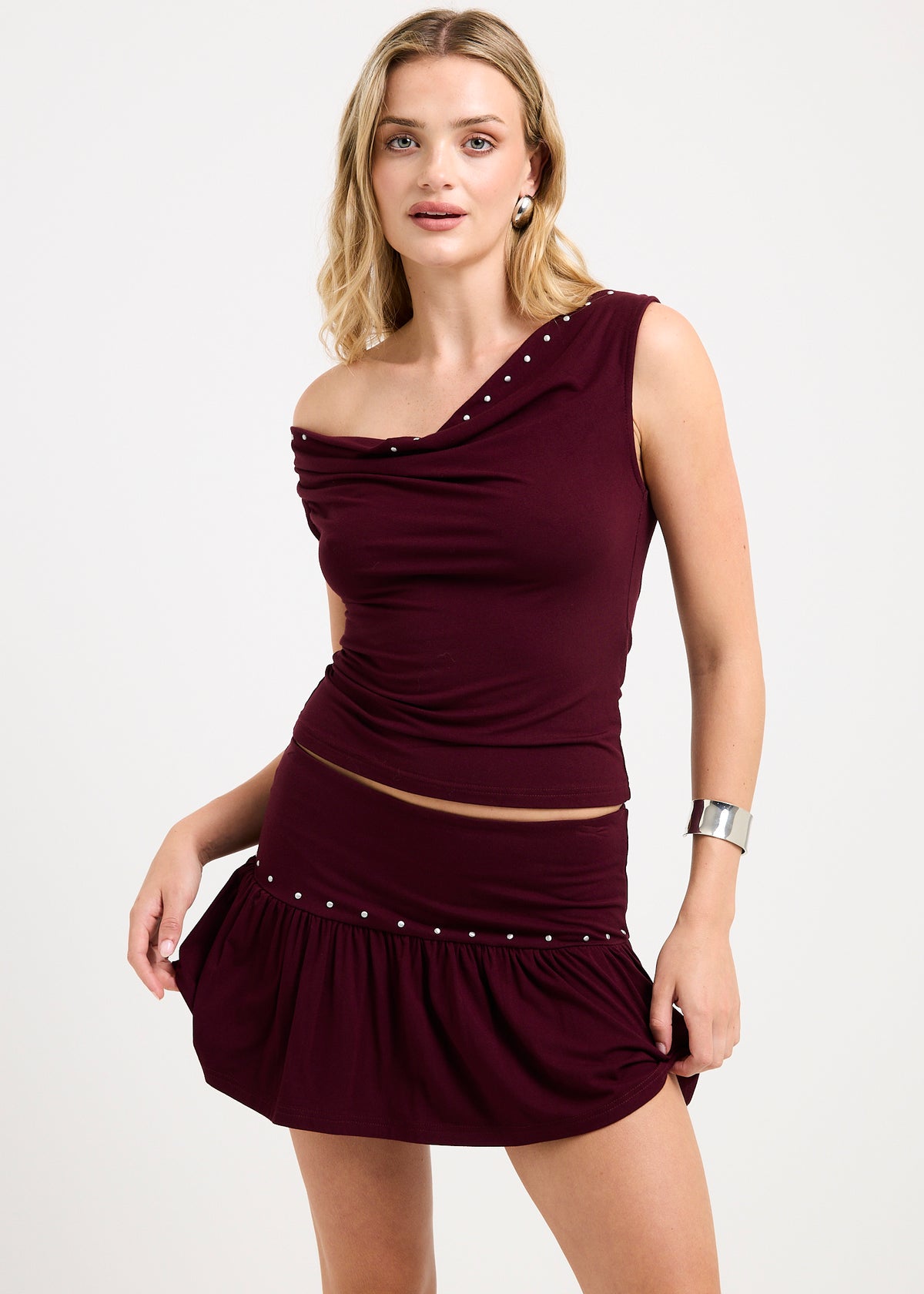 Lina Studded Cowl Neck Top BURGUNDY