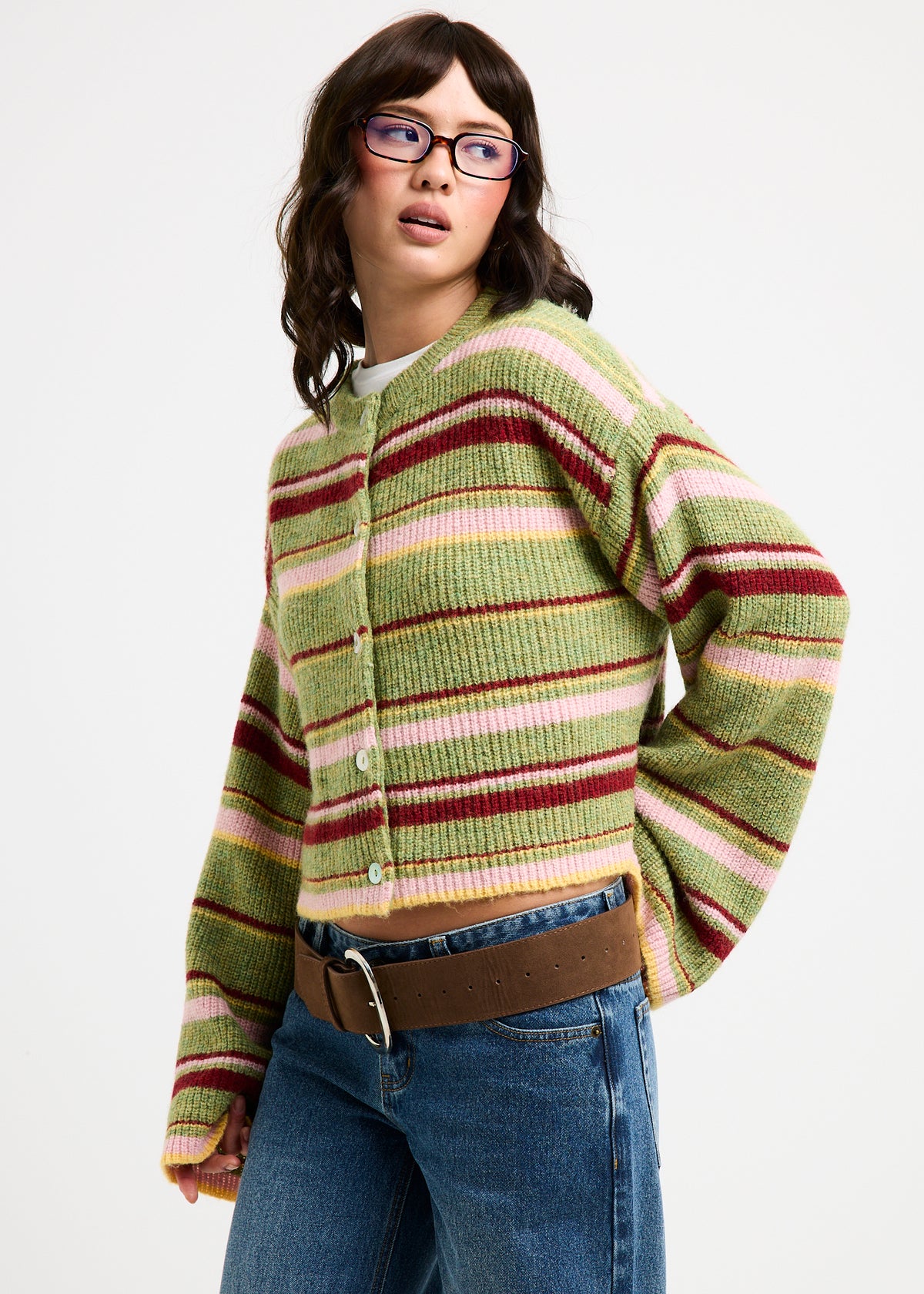 Regina Eyelash Knit Oversized Stripe Cardigan GREEN