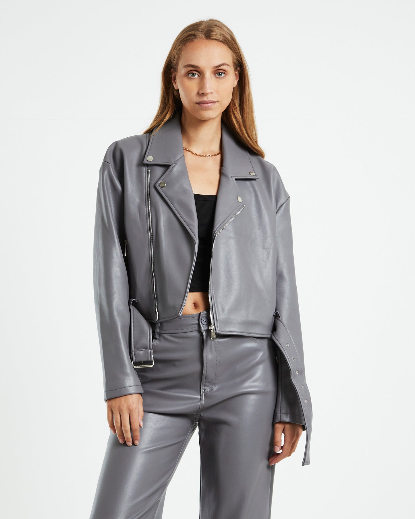 Enya Boxy PU Biker Jacket Grey