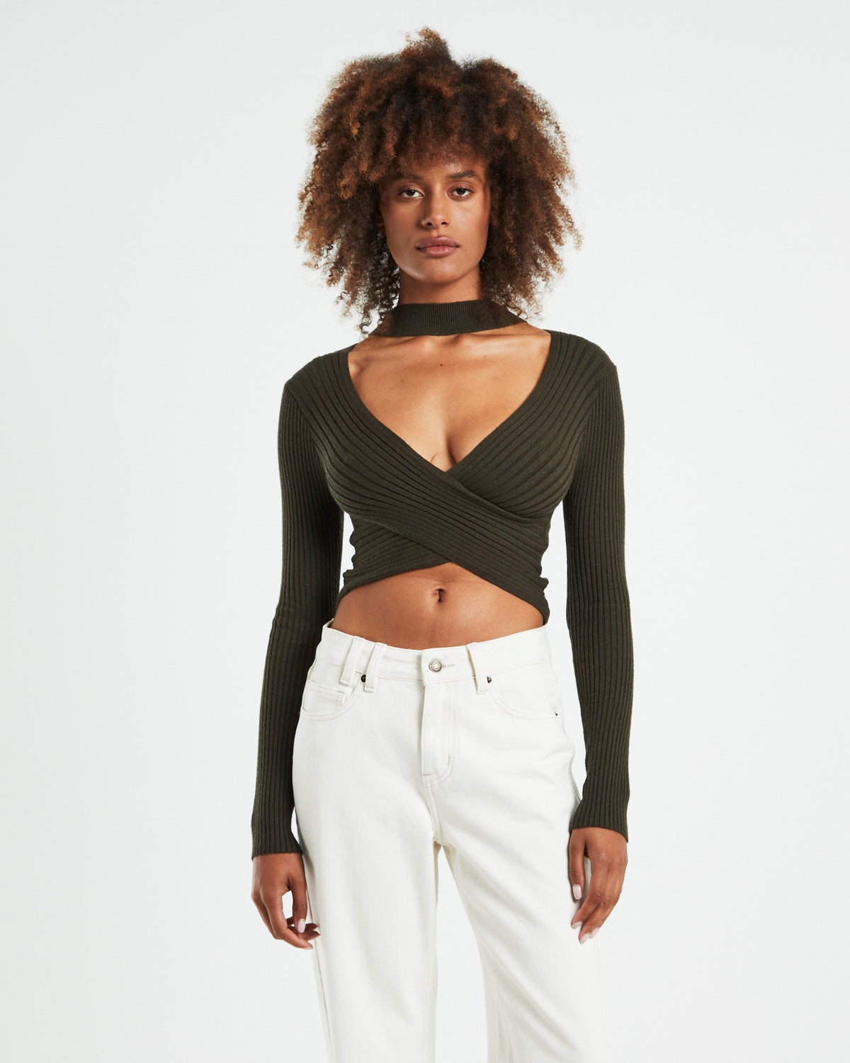 Amelia Choker Long Sleeve Top Khaki Green GREEN