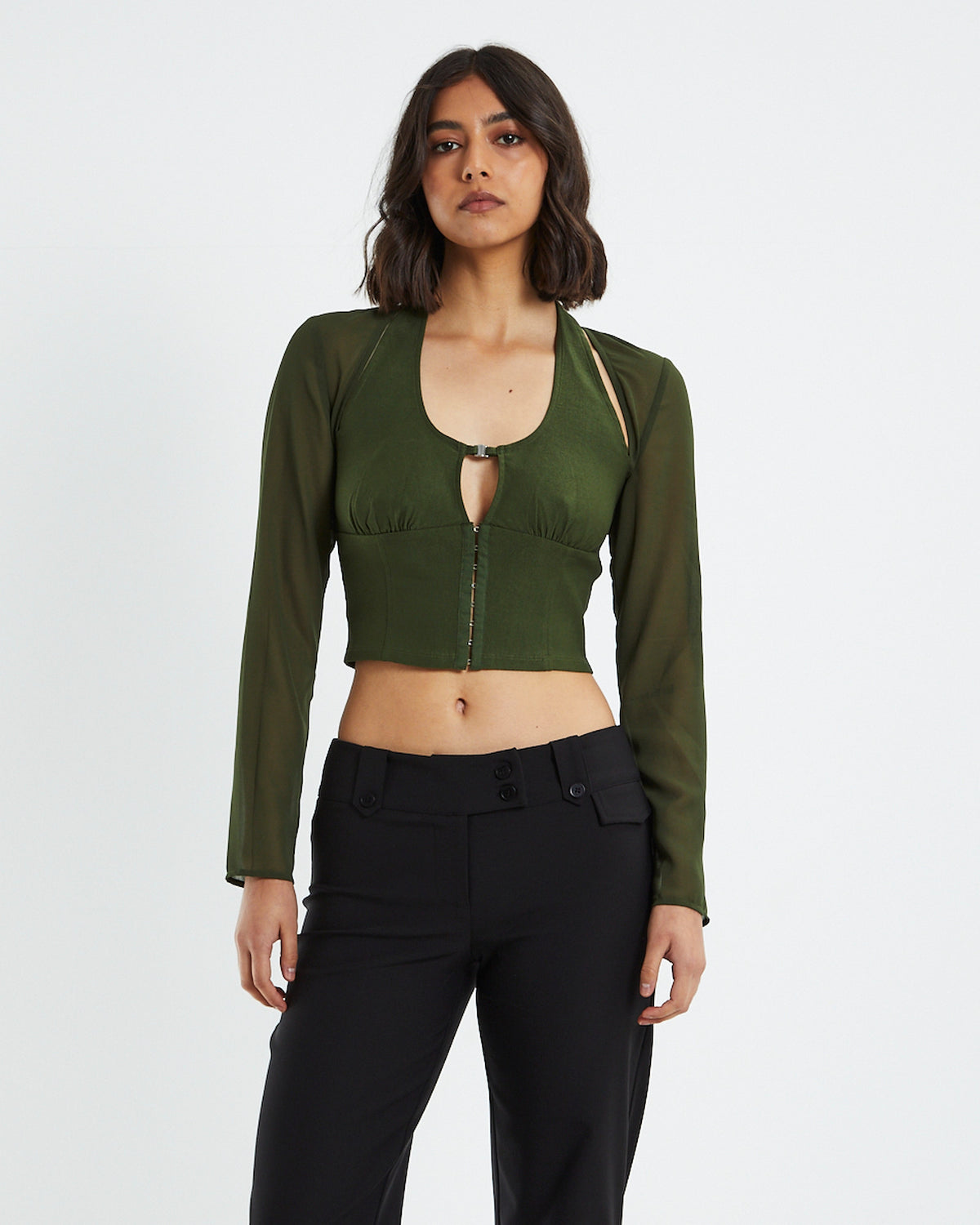 Kamali Hook Front Long Sleeve Halter Top Green GREEN