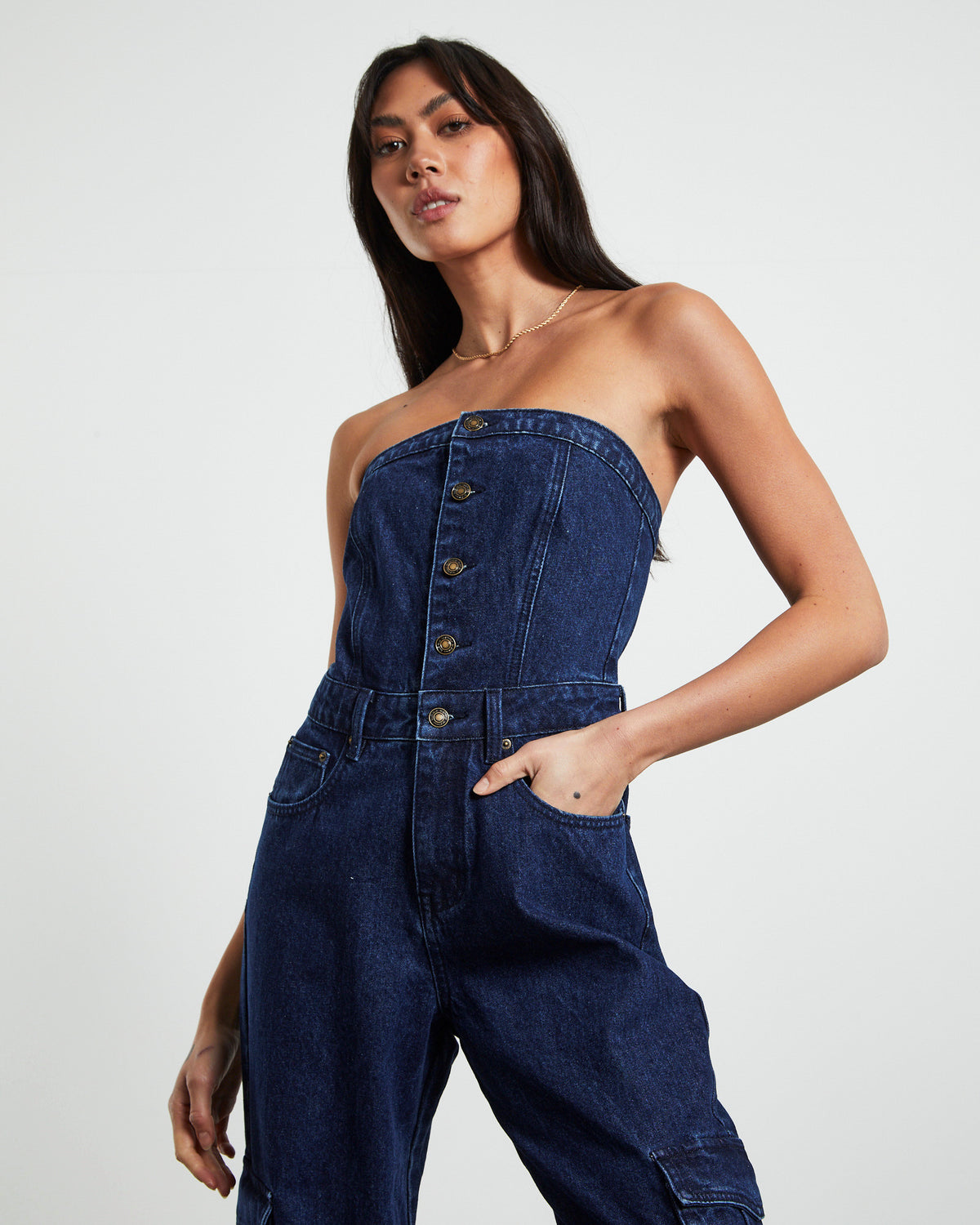 Sabrine Strapless Denim Boiler Suit Ink Blue BLUE
