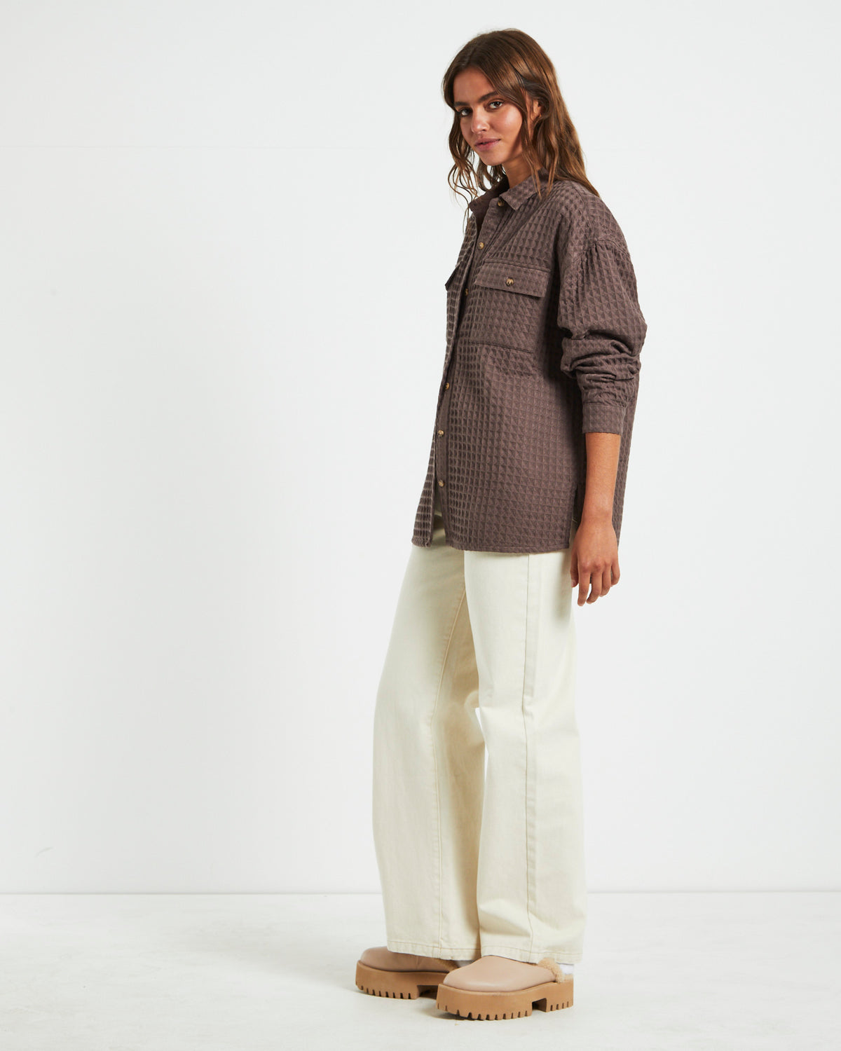 Posey Oversized Waffle Shirt Mocha BROWN