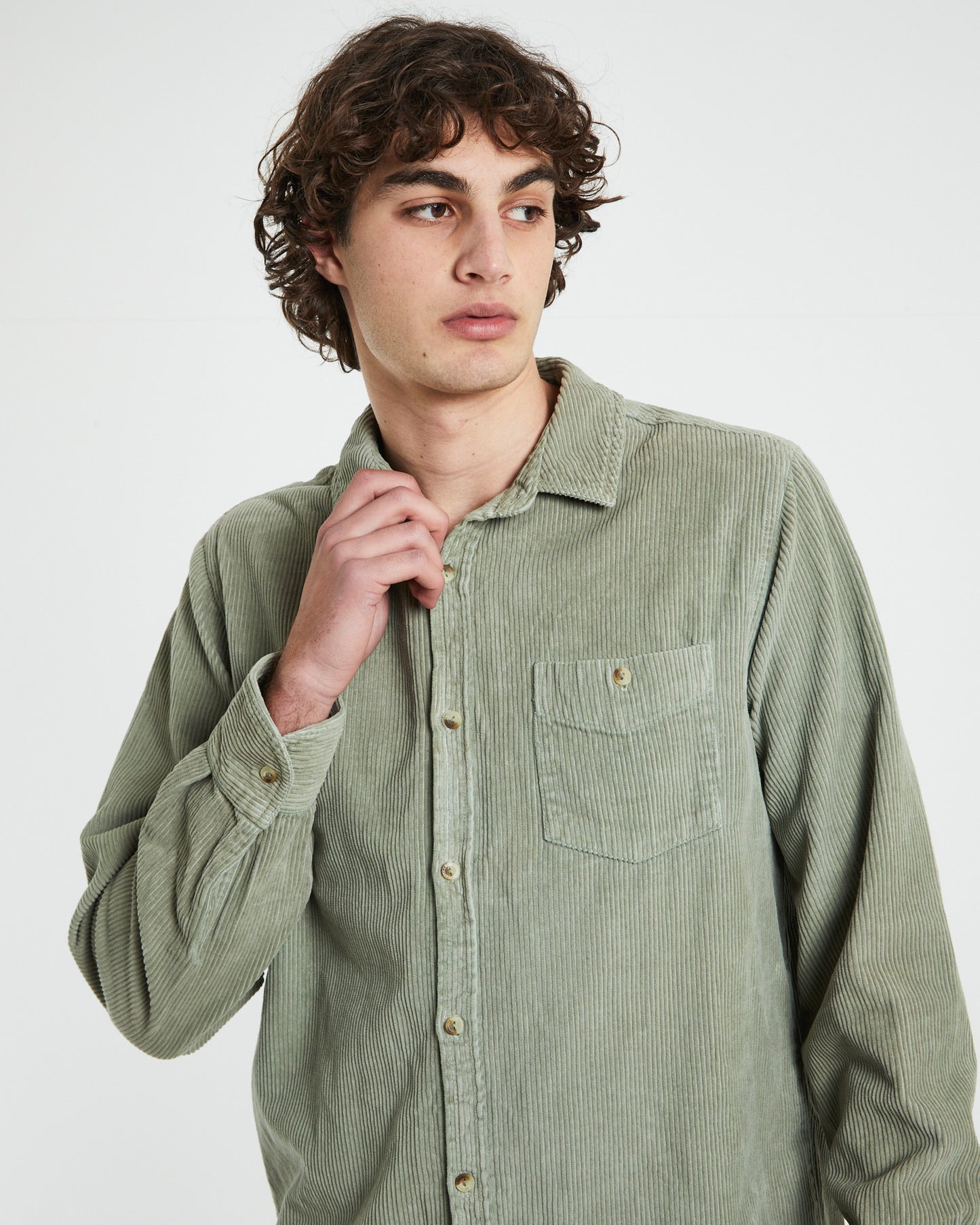 Men At Work Fat Cord Long Sleeve Shirt in Moss Green