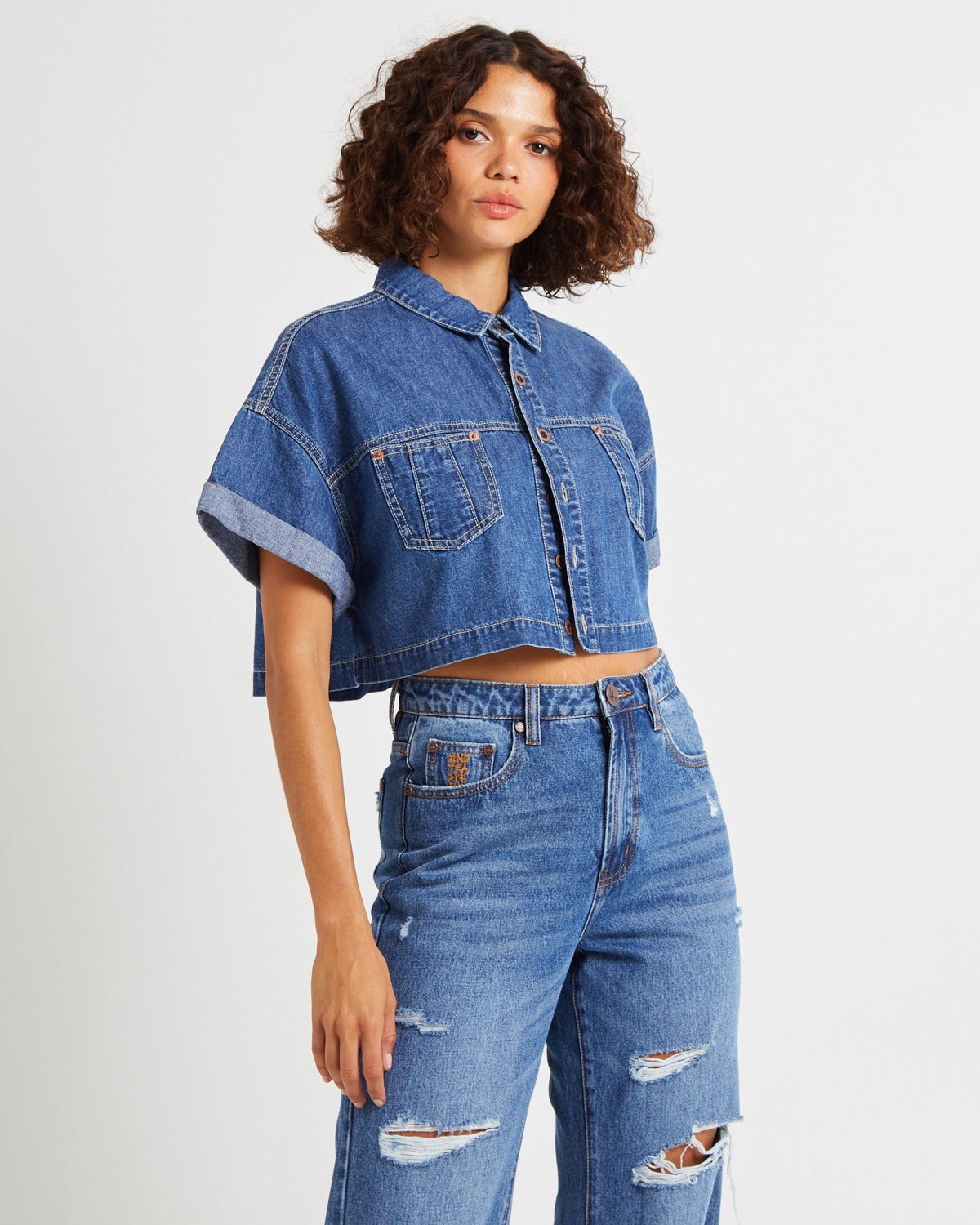 Cropped Western Denim Shirt TRUE BLUE