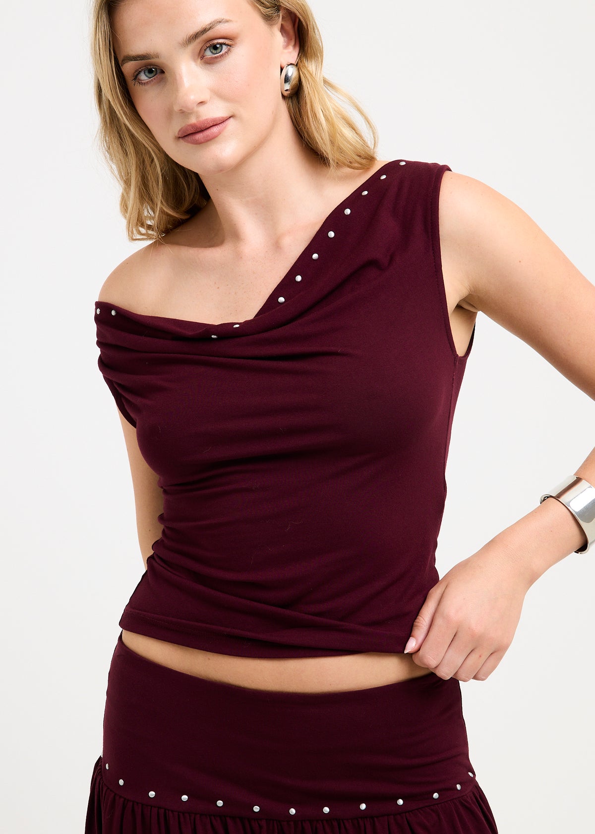 Lina Studded Cowl Neck Top BURGUNDY