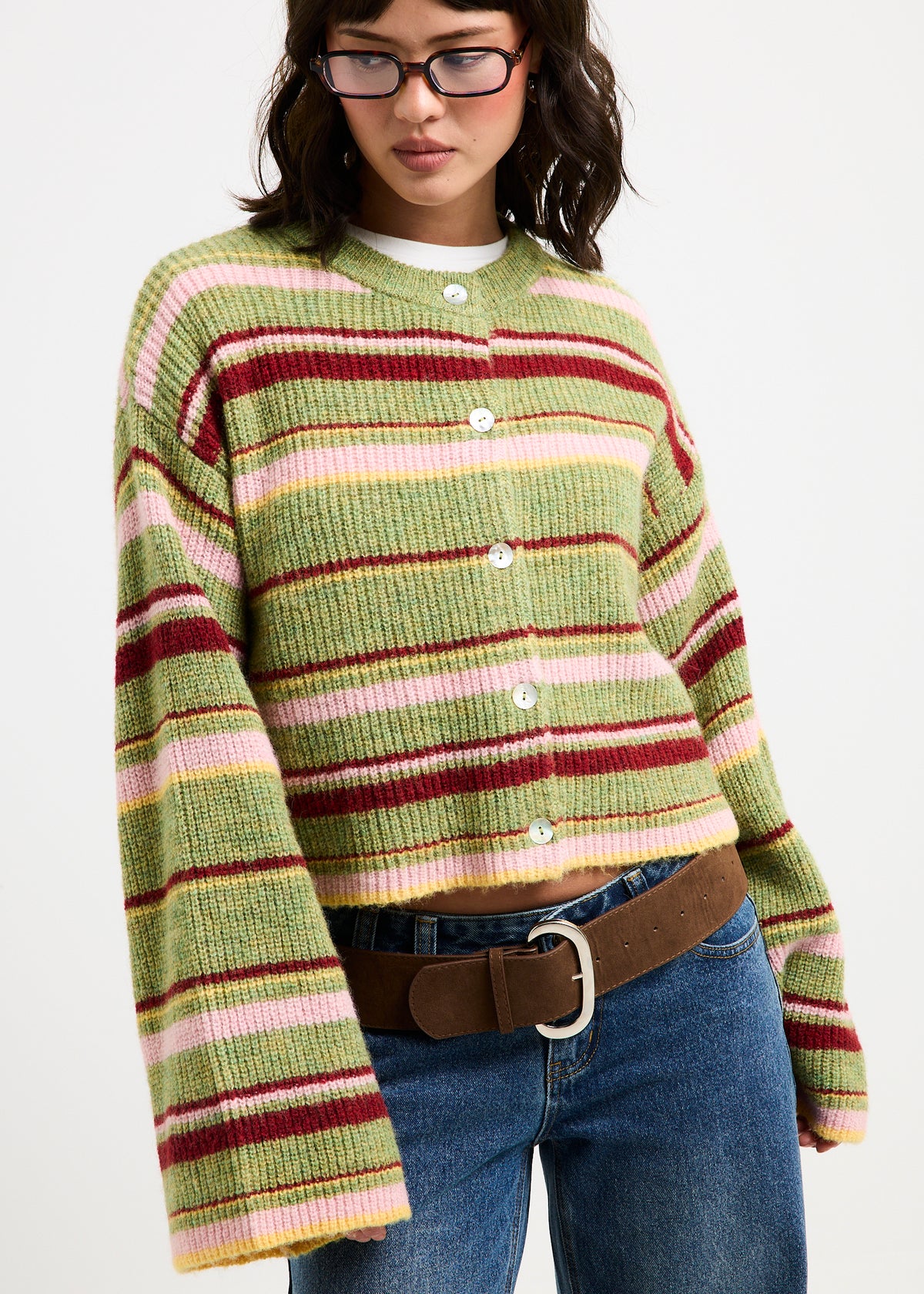 Regina Eyelash Knit Oversized Stripe Cardigan GREEN