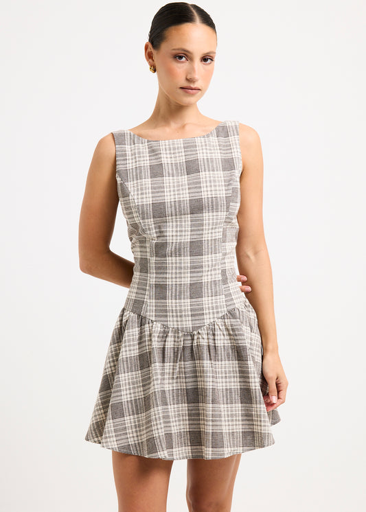 Guava Shirred Mini Dress PLAID