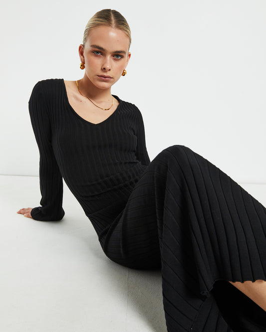Sophie Long Sleeve Rib Knit Dress Black BLACK