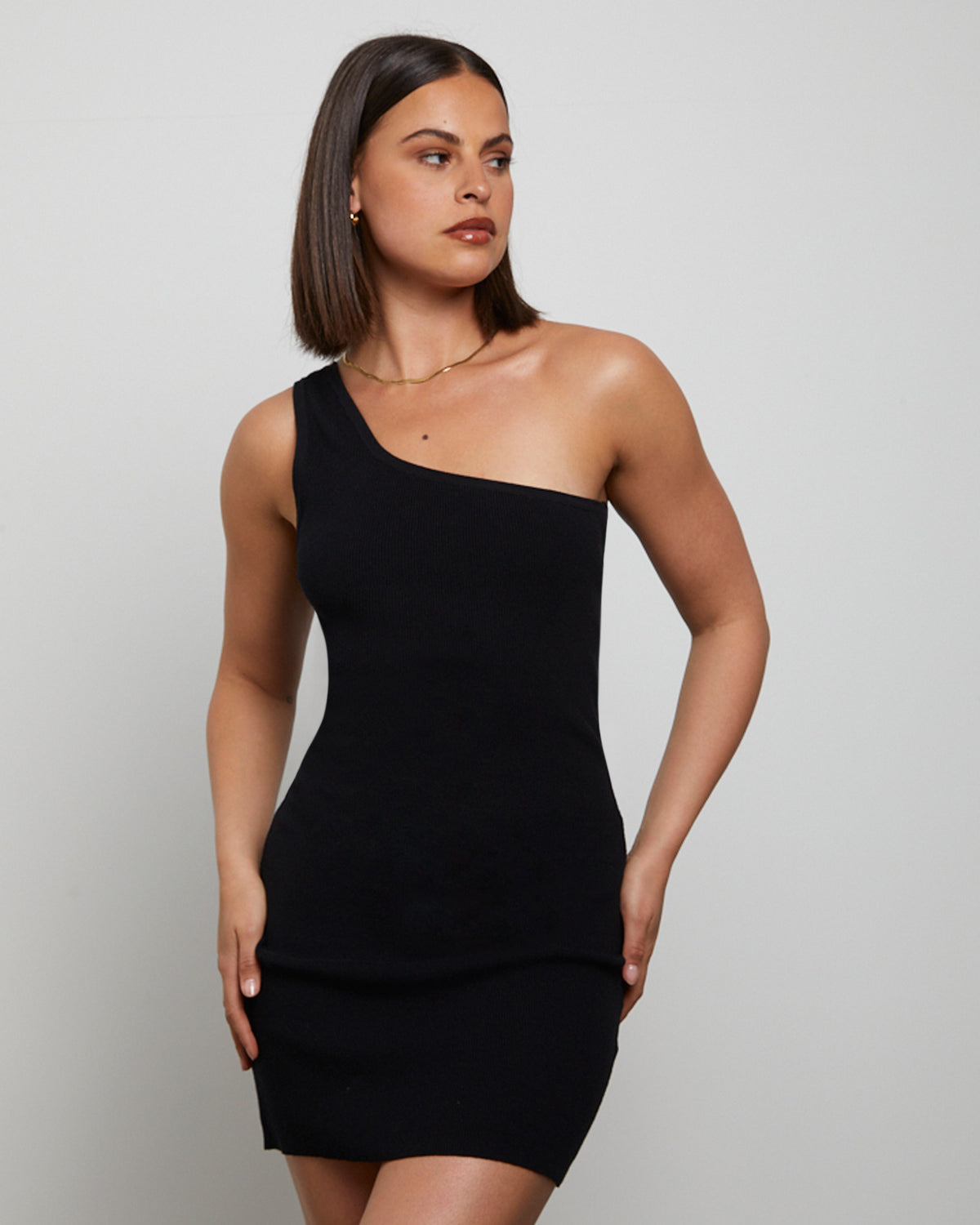 Luxe Knitted One Shoulder Mini Dress in Black BLACK
