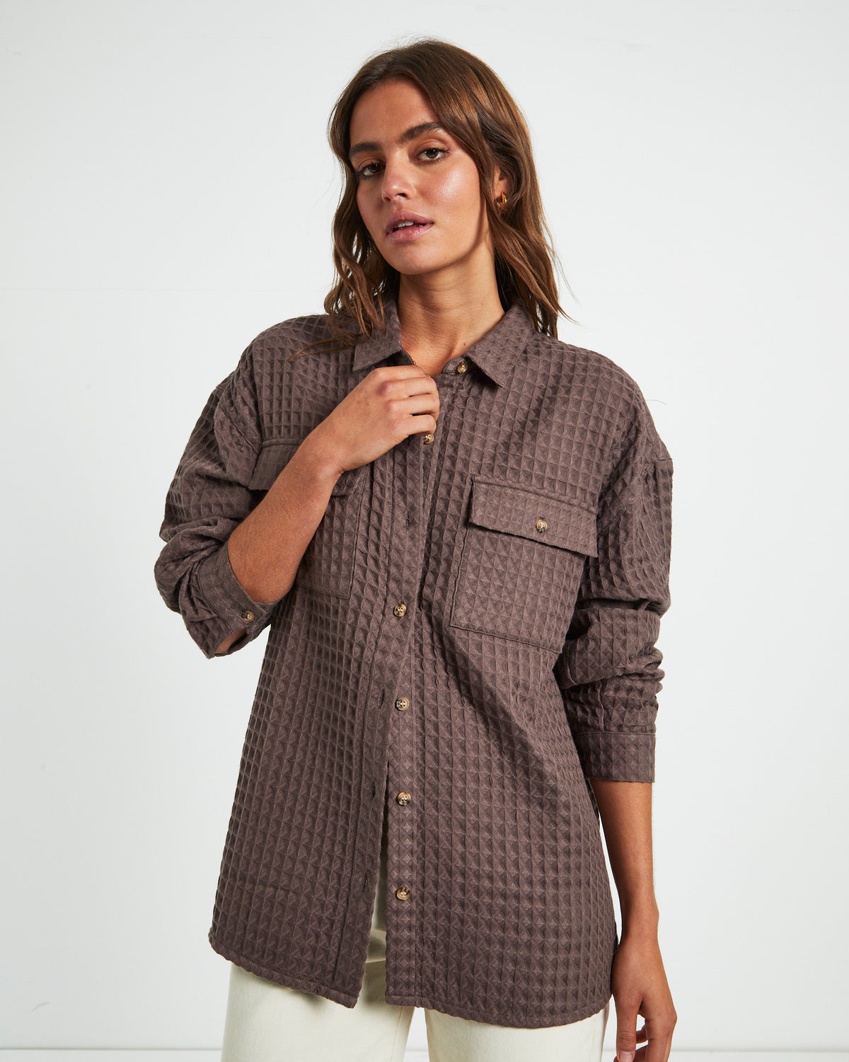 Posey Oversized Waffle Shirt Mocha BROWN