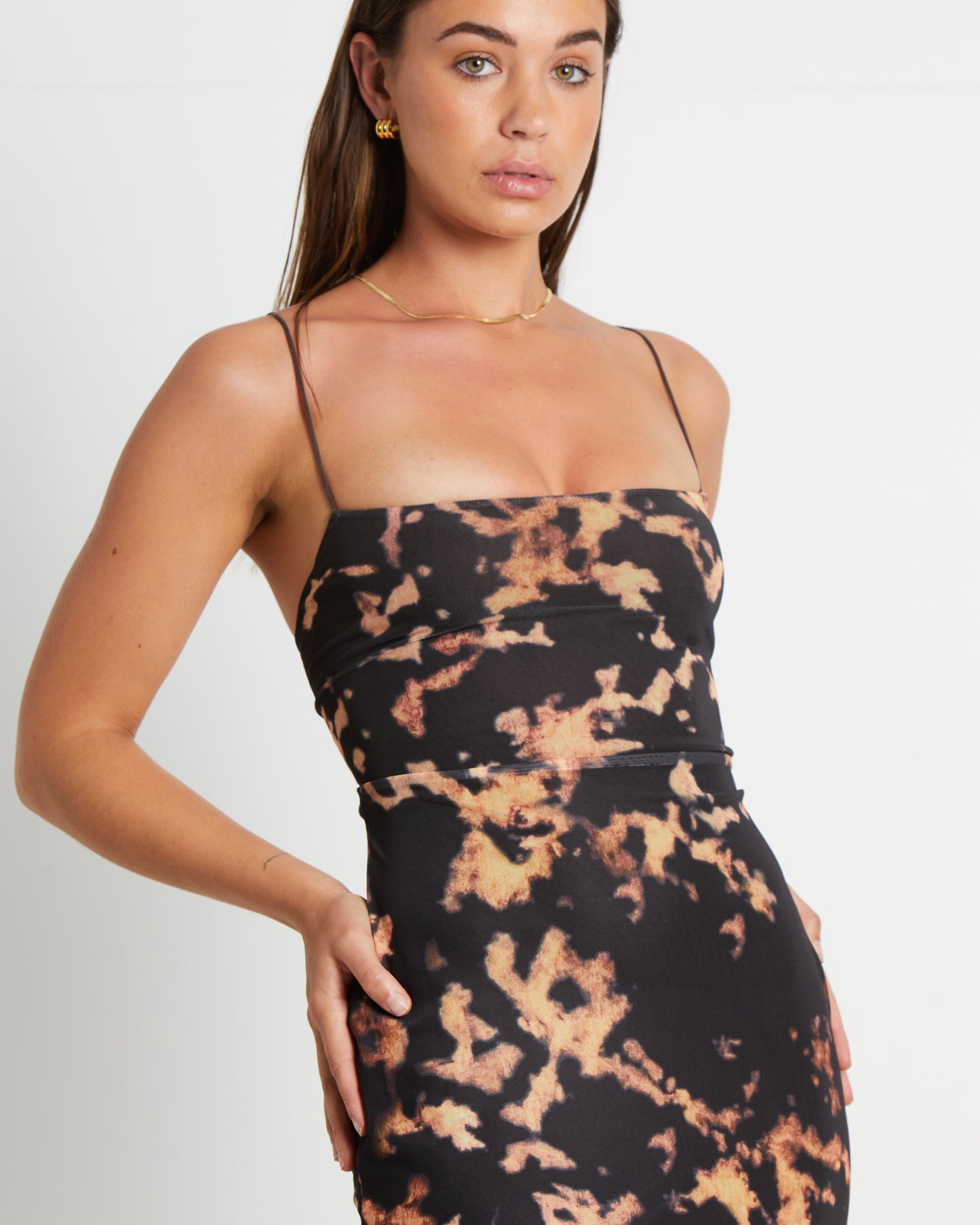 Carmen Dark Cloud Mesh Midi Dress in Brown