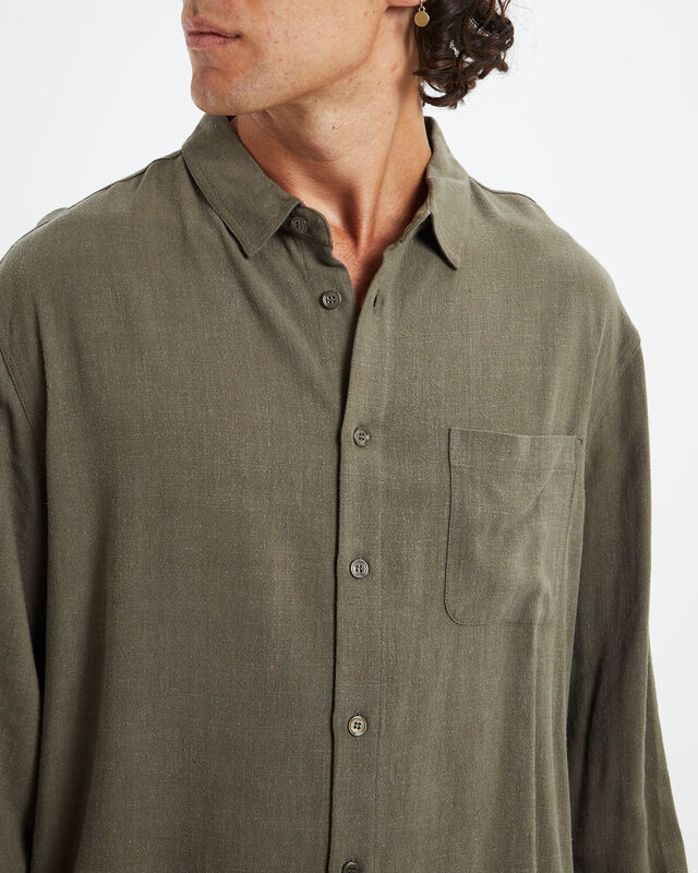 Harrison Linen Long Sleeve Shirt Olive Green, hi-res image number null