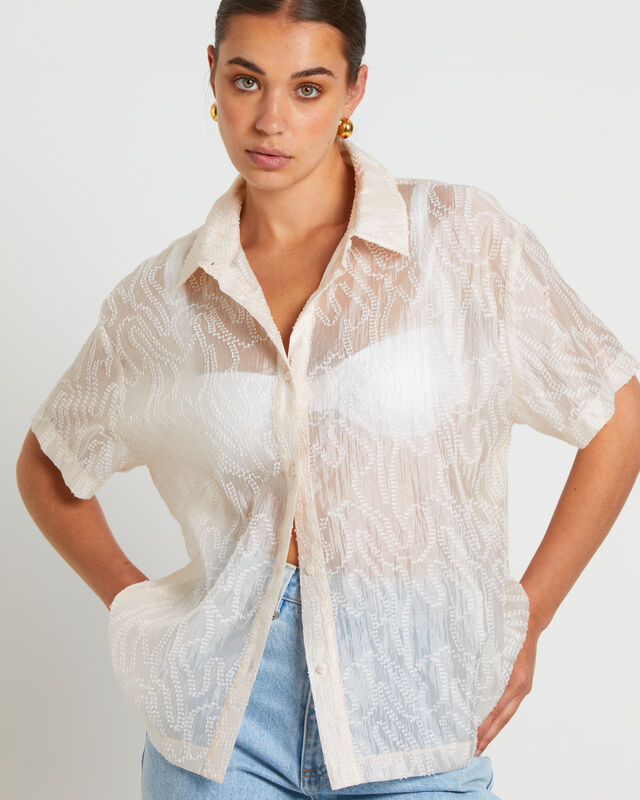 Avery Sheer Textured Short Sleeve Shirt in White, hi-res image number null