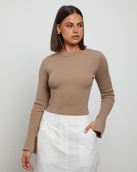 Luxe Knitted Long Sleeve Top in Cocoa Brown
