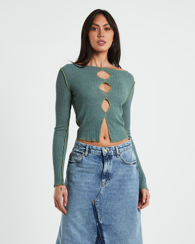 BDG Cut Out Long Sleeve Top Green, hi-res image number null