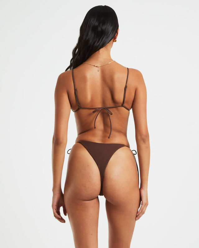 Rib Skinny Strap Triangle Bikini Top in Chocolate Brown, hi-res image number null