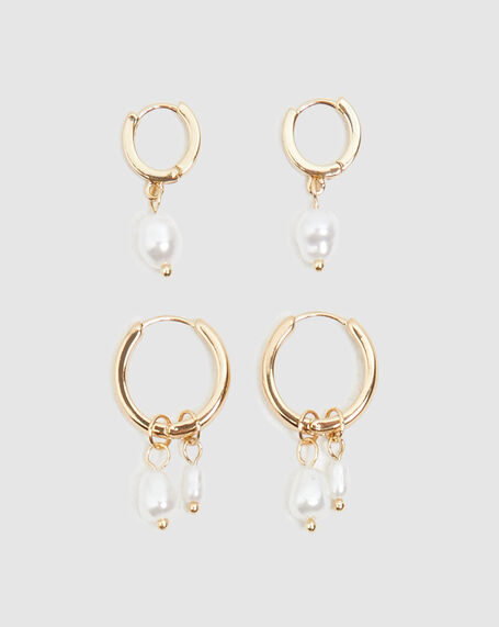 Pearl Hoop Earrings 2 Pack Gold
