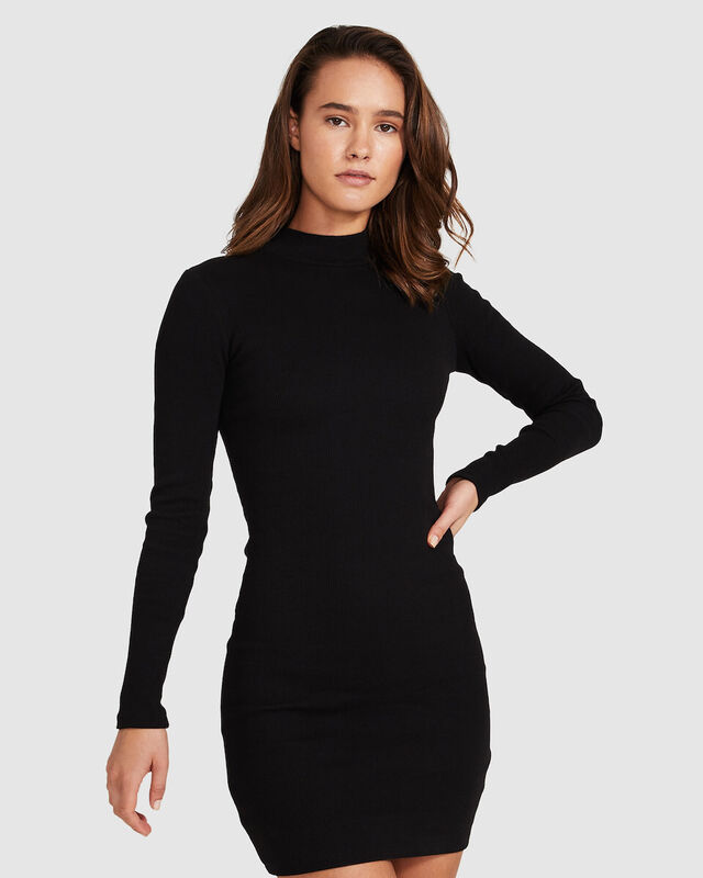 Fitted Rib Long Sleeve Dress Black, hi-res image number null