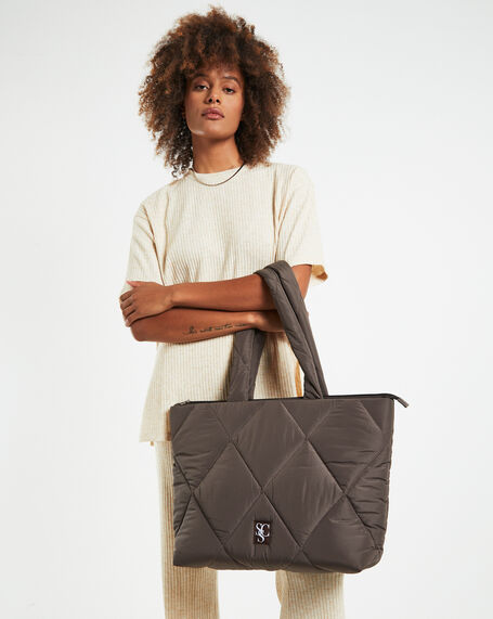 Nylon Quilted Puff Tote Bag Cocoa Brown