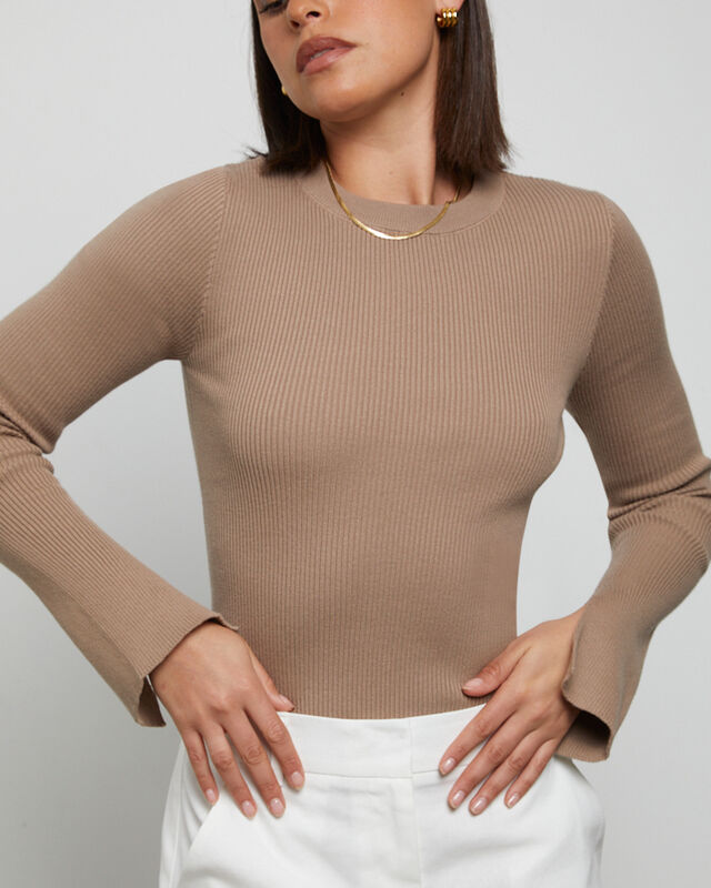 Luxe Knitted Long Sleeve Top in Cocoa Brown, hi-res image number null