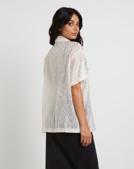 Avery Sheer Textured Short Sleeve Shirt in White