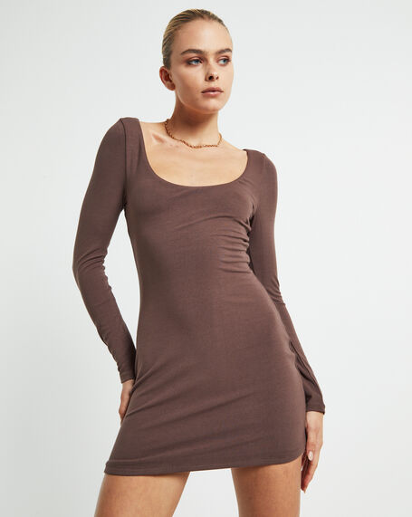 Larissa Scoop Neck Long Sleeve Mini Dress Chocolate Brown