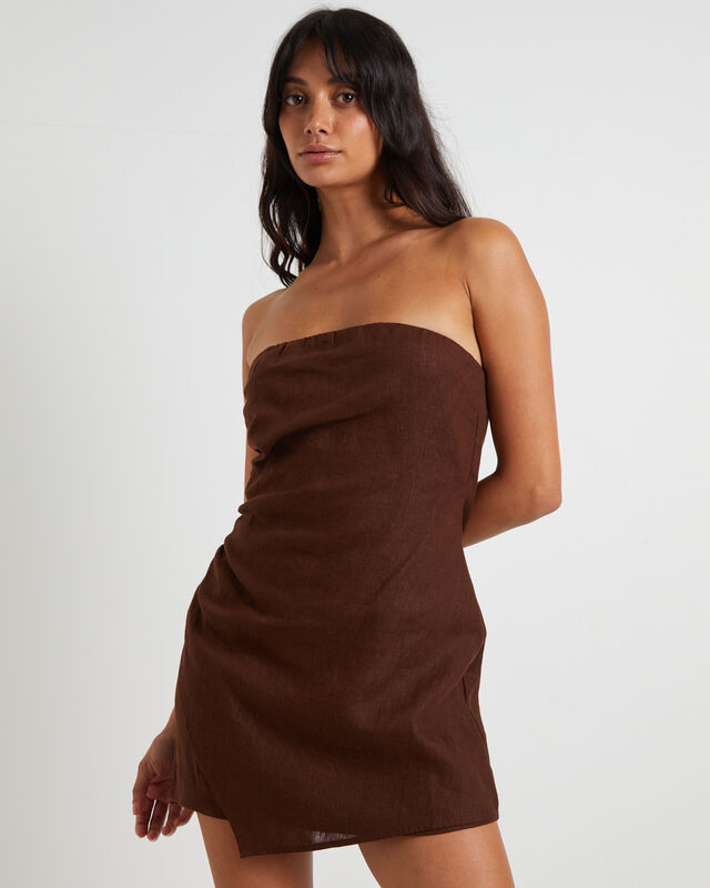 Lui Linen Mini Dress in Chocolate, hi-res image number null