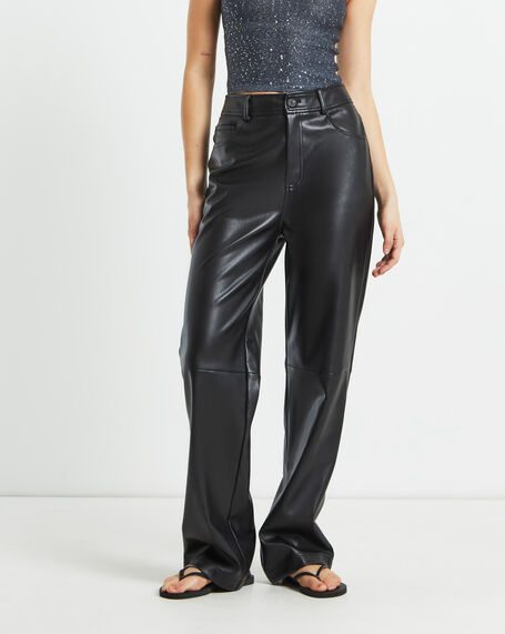 Karli Leather Look Straight Leg Pants in Black