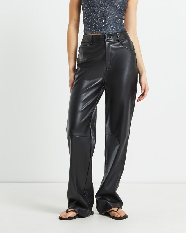 Karli Leather Look Straight Leg Pants in Black, hi-res image number null