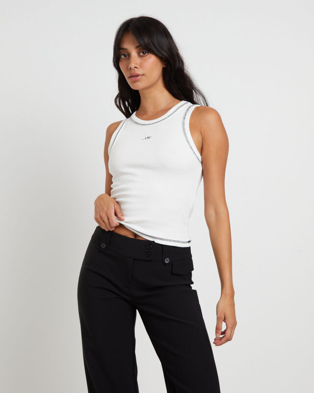 Tessa Contrast Stitch Tan Top in White, hi-res image number null