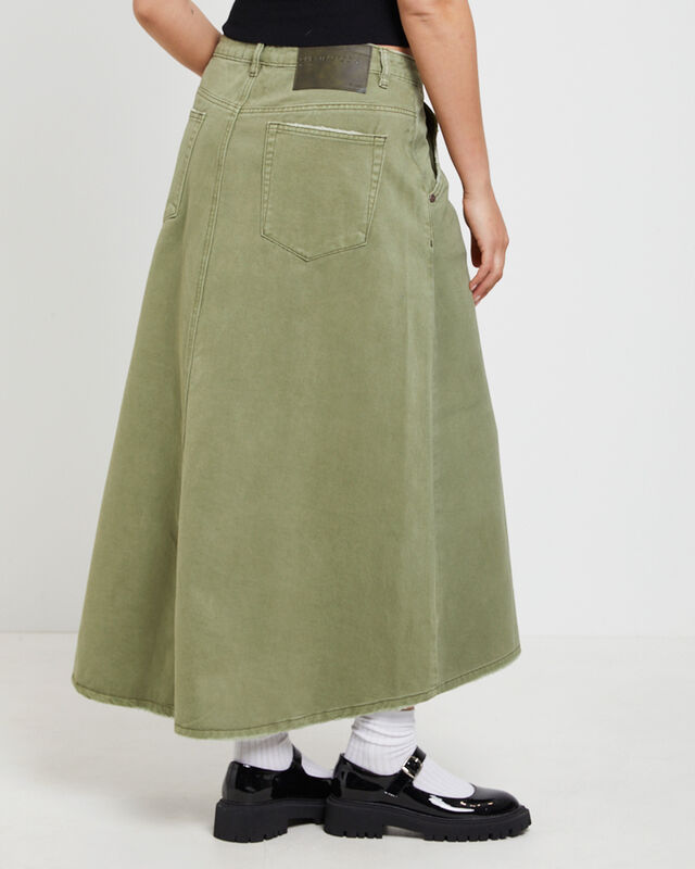 St Khaki Mrs Carter Long Denim Skirt in Green, hi-res image number null