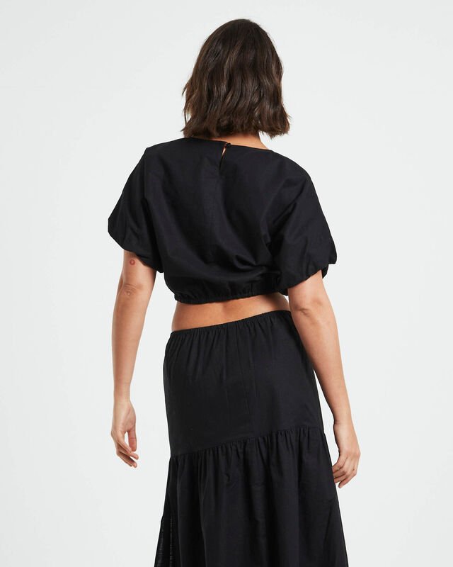 Melody Linen Puff Short Sleeve T-Shirt in Black, hi-res image number null