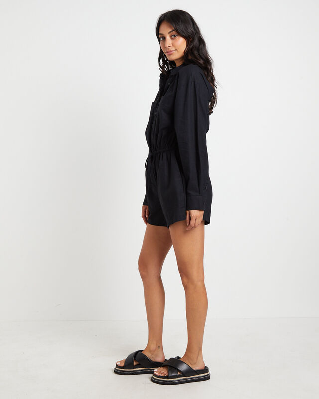 Joslin Boxy Long Sleeve Shirt Playsuit in Black, hi-res image number null