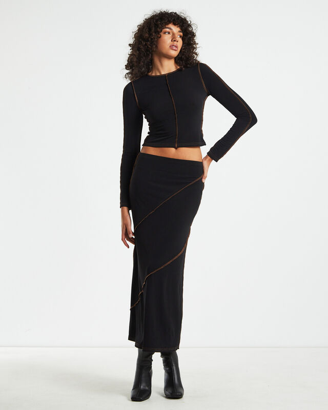 Amelie Slinky Contrast Long Sleeve Top Black, hi-res image number null