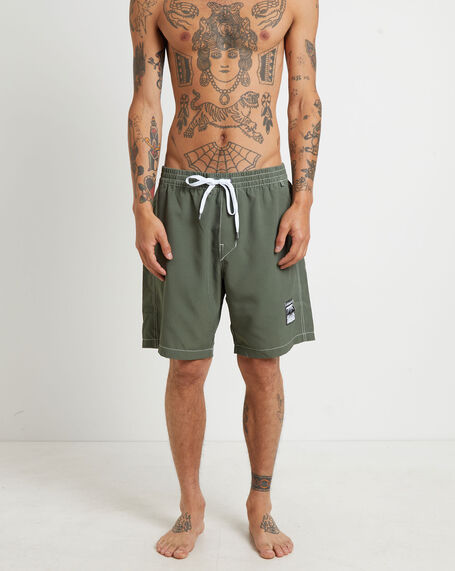 Swans Baggy Trunk Boardshorts in Army Green