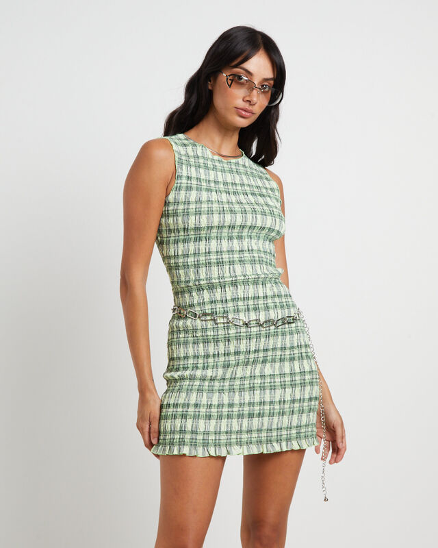 Drew Check Shirred Mini Dress in Lime, hi-res