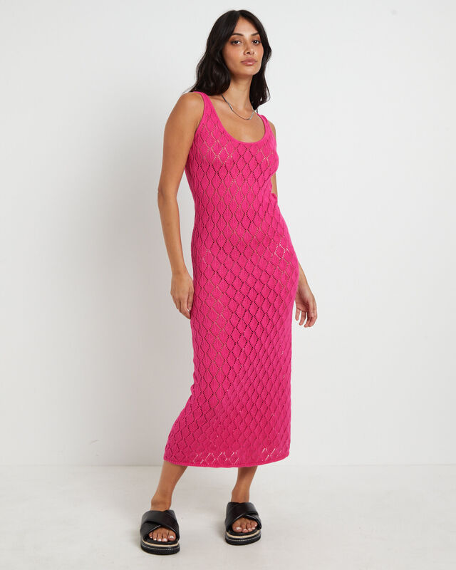 Bodie Crochet Midi Backless Dress in Pink, hi-res image number null