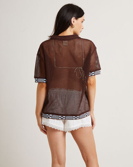 Dimension Crochet Short Sleeve Shirt in Chocolate