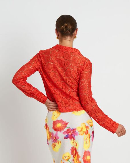Pip Sheer Lace Long Sleeve Shirt in Red